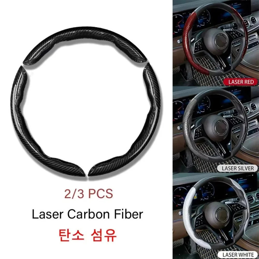 3PCS Laser Carbon Fiber Silicone Car Steering Wheel Cover 1K Micro Fiber Leather PVC Wheel Booster Cover Non-Slip Universal CM World