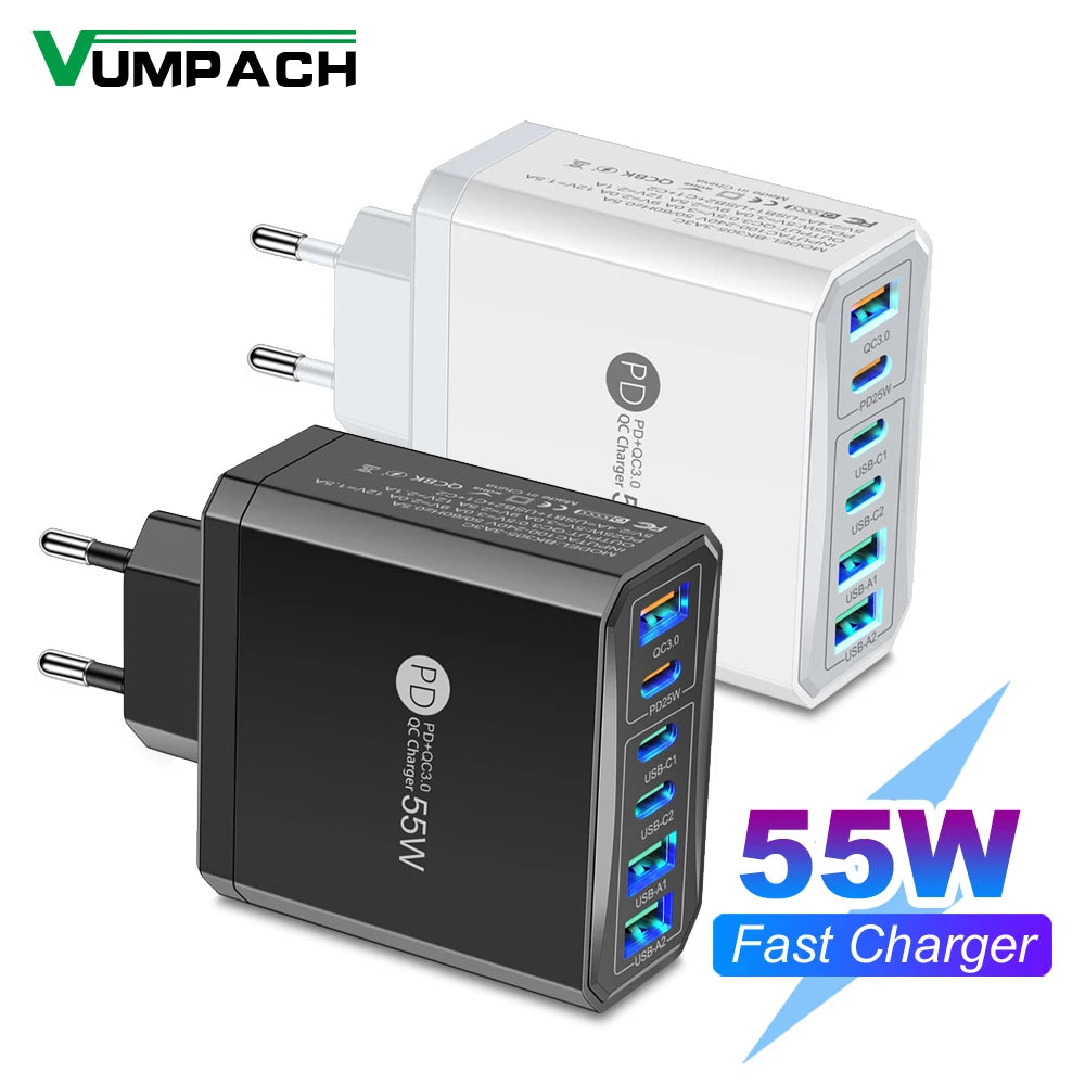 55W 3 USB 3 PD Charger Fast Charging QC3.0 Travel Charger For iPhone 15 14 Samsung Xiaomi Mobile Phone Adapter EU KR US UK Plug Car Mobile World
