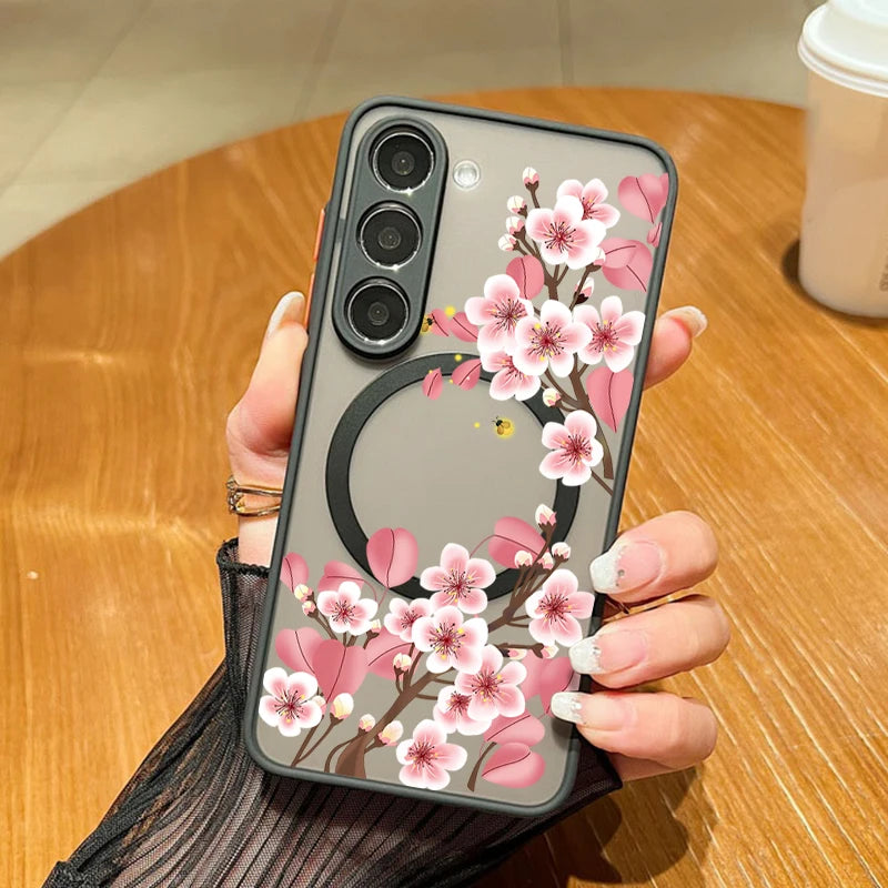 For Samsung Galaxy A57 A37 A17 A55 A54 A56 A25 S25 S26 Edge S24 S23 S22 Ultra Plus S25 FE Flower Case Magnetic For Magsafe Cover Car Mobile World