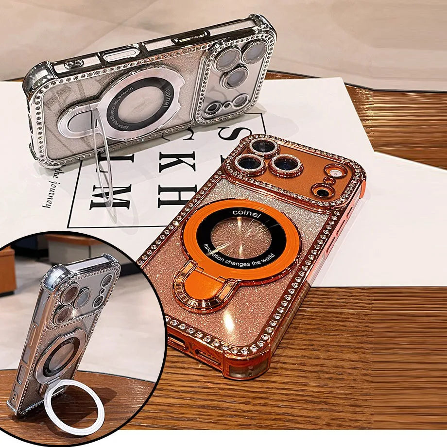for Magsafe Bracket Case for iPhone 17 16 15 14 13 Pro Max Stand Holder Luxury Girl's Bling Diamond Bumper Camera Soft TPU Cover