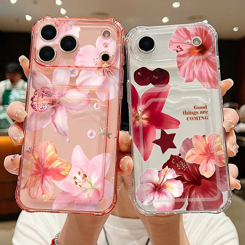 Card Slot Bag Clear Phone Case For iPhone 17e 18 17 Pro Max 16 15 14 13 Pro Max 16e 12 Lily Flowers Pattern Soft Silicone Cover