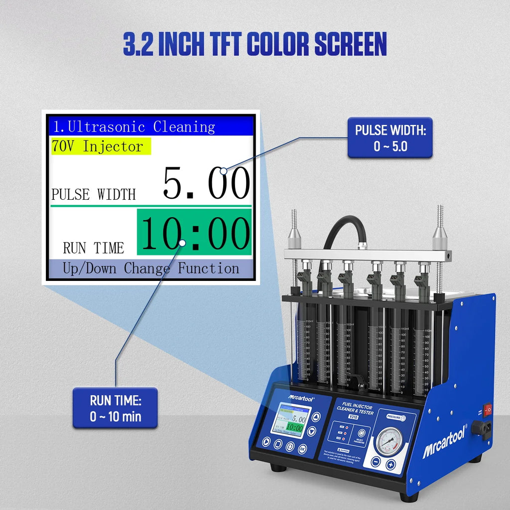 MR CARTOOL V310 Fuel Injector Cleaner & Tester Machine, 6‑Cylinder Ultrasonic Cleaning Tester for GDI EFI FSI Petrol Car Injector Nozzle, Auto Fuel System Diagnostic Inspection Tool for Repair Workshop