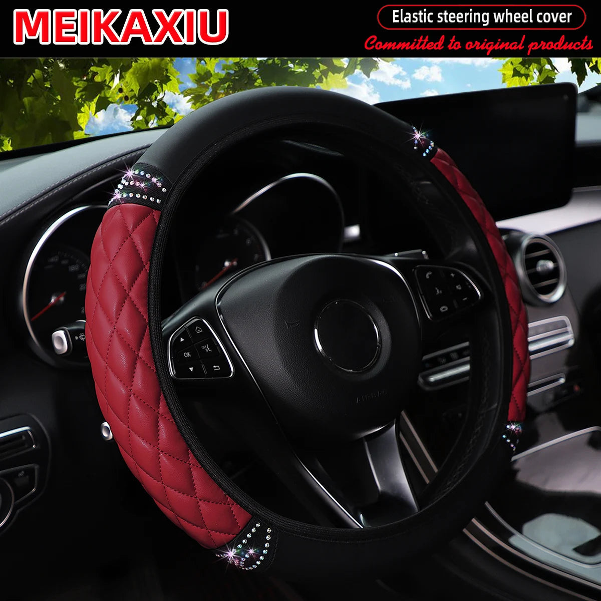 PU soft leather diamond-shaped pattern embroidered with diamonds and glittering car without inner ring steering wheel cover CM World