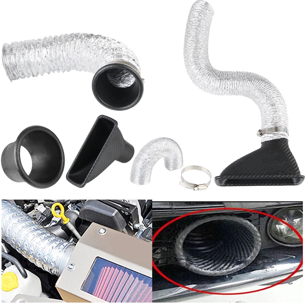 Turbo Air Inlet Tuyere Car Front Bumper Air Intake System Universal Round/Square Nozzles Air Vent Tube Kit Air Funnel Pipe Set