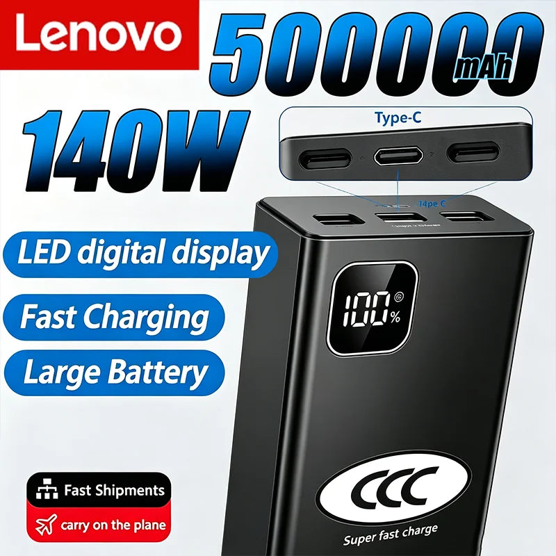Lenovo 140W Super Fast Charging 500000mAh Ultra Capacity Portable Charger Power Bank CCC For iPhone Samsung