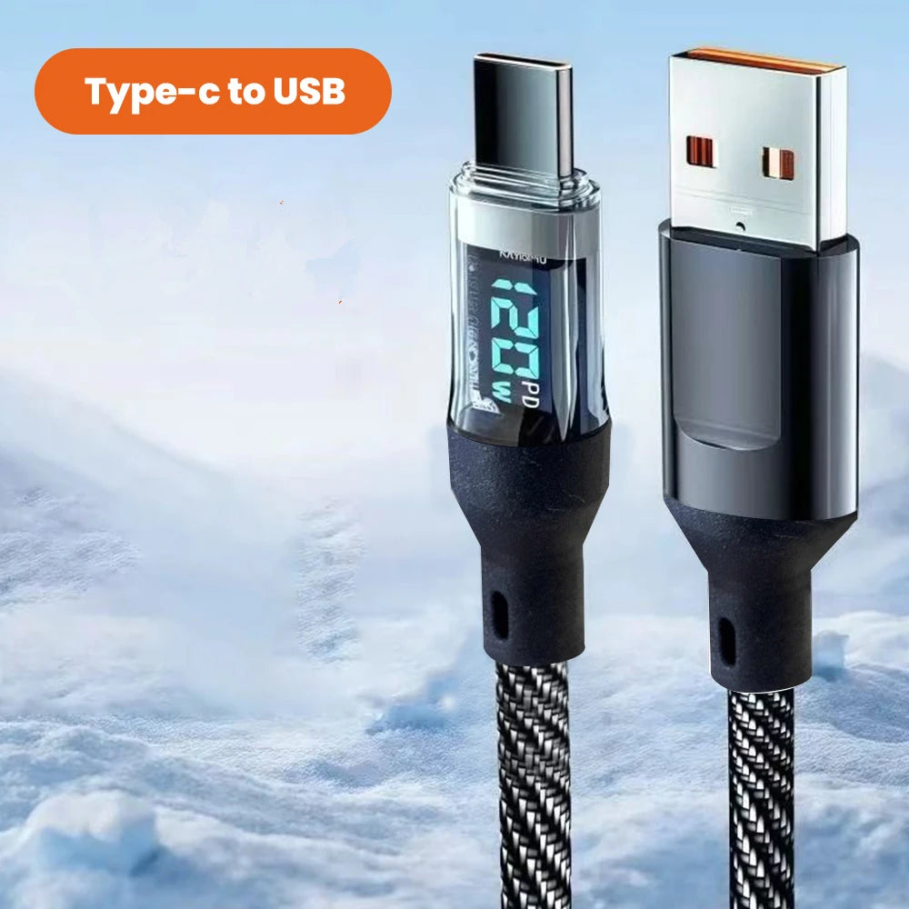 Digital Display USB A Type C To Type C Cable 120W Super Fast Charging Cable For iPhone Xiaomi Data Cord Phone Charging USBC Line