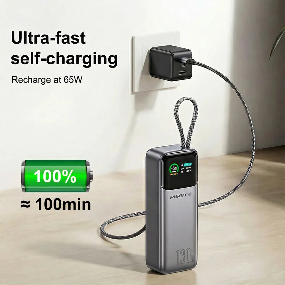 PISEN 130W Tablets Super Fast Charging Power Bank 20000mAh With Type C Cable External Battery for Laptop Notebook IPhone Macbook Car Mobile World