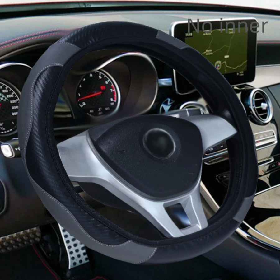 Carbon fiber pattern PU leather steering wheel cover with no inner ring design, full elasticity, anti slip and wear-resistant, m CM World