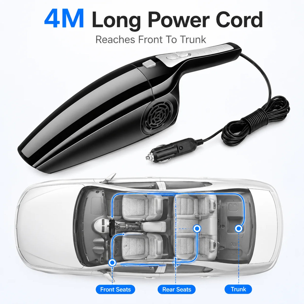 Car Vacuum Cleaner 12V 120W Wet Dry Portable Handheld Auto Vacuum 4M Cord Cigarette Lighter Hose Brush Crevice Nozzle