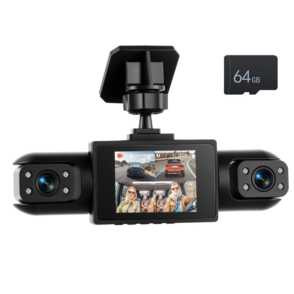 Podofo Four-Channel Car DashCam With 480P Left Interior, Right Interior, and Rear Cameras Car DVR Video Recorder Night Vision Loop Recording, Reversing Help Camera Recorder