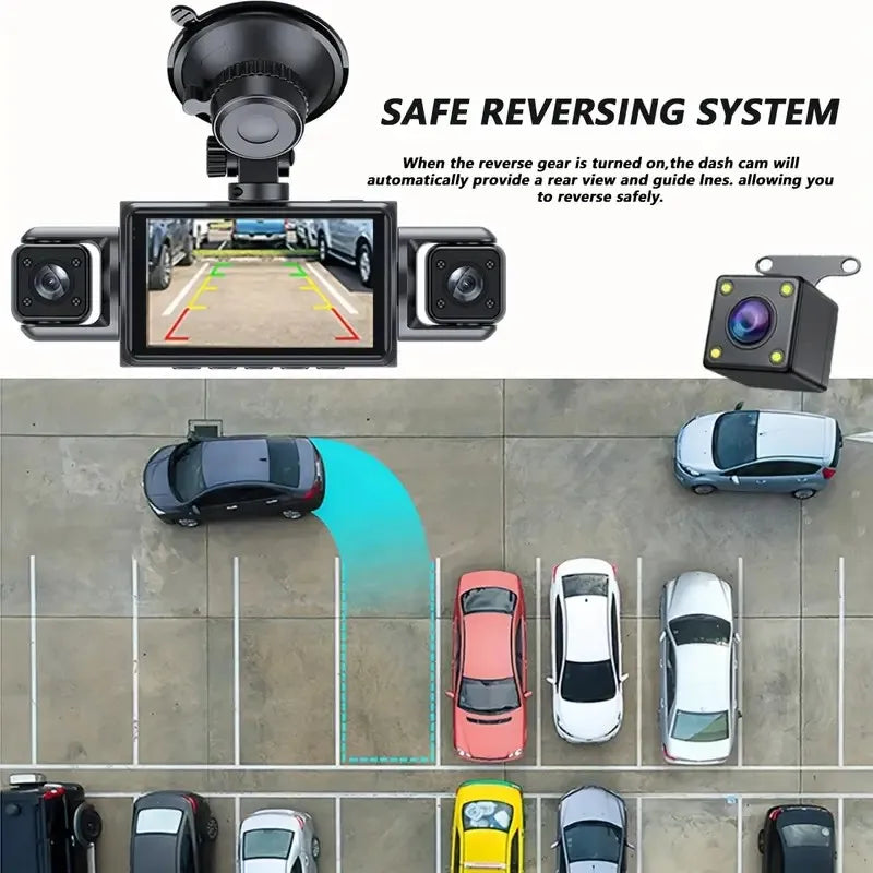 ZKCAMSPY 360° Dash Cam 1080P Front 720P Rear 480P Right Side, 3.16" 4-Split Screen, 4 Lens/3 Lens, Super Night Vision, 24H Parking Monitor, G-Sensor, Loop Recording, Car DVR Recorder with 12-24V Car Plugs, Optional No-card