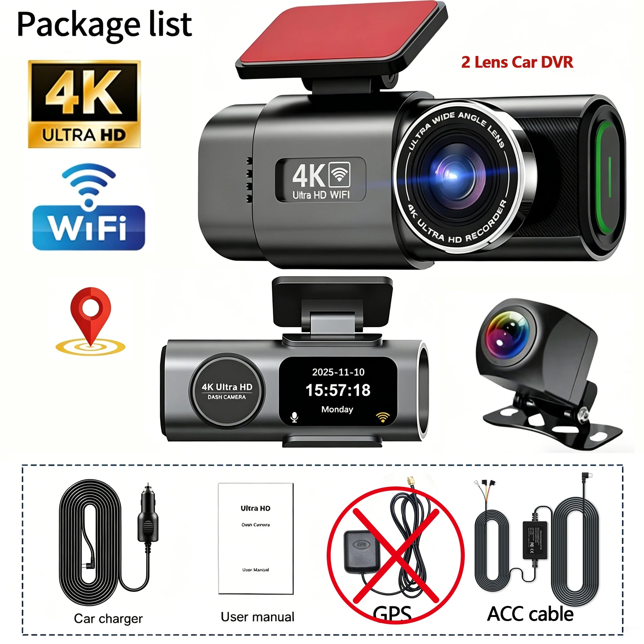 4K UHD Recording Dash Cam Video Recorder Car Camera DVR Night Vision Wi-Fi GPS 24H Parking Mini Front Rear Black Box Monitor Car Mobile World