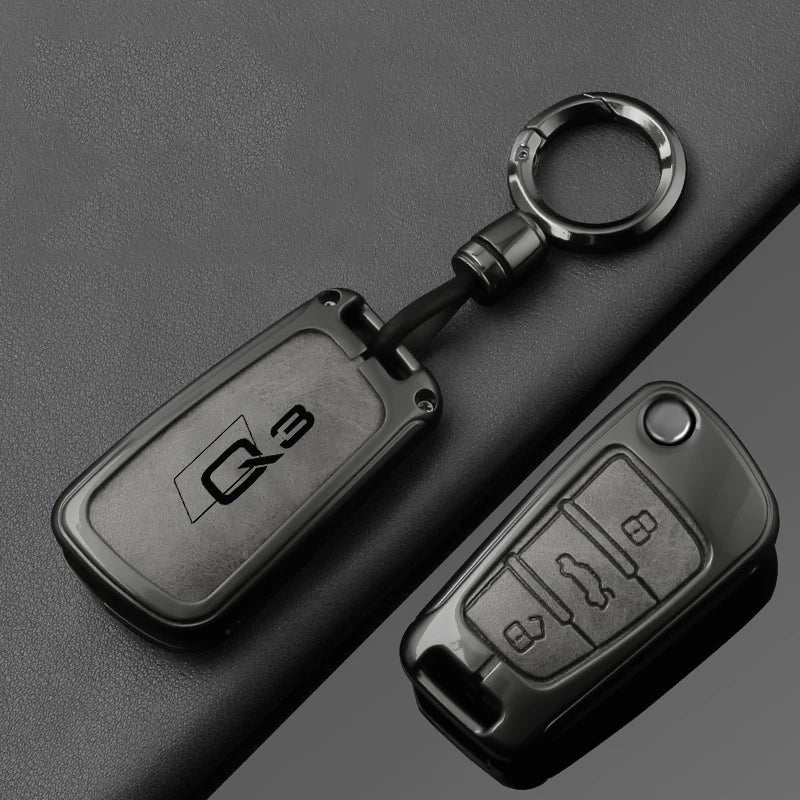 Alloy Leather Car Folding Key Case Cover Shell Holder for Audi Q3 8u f3 S Line Protection Key Cover Keychain Car Accessories