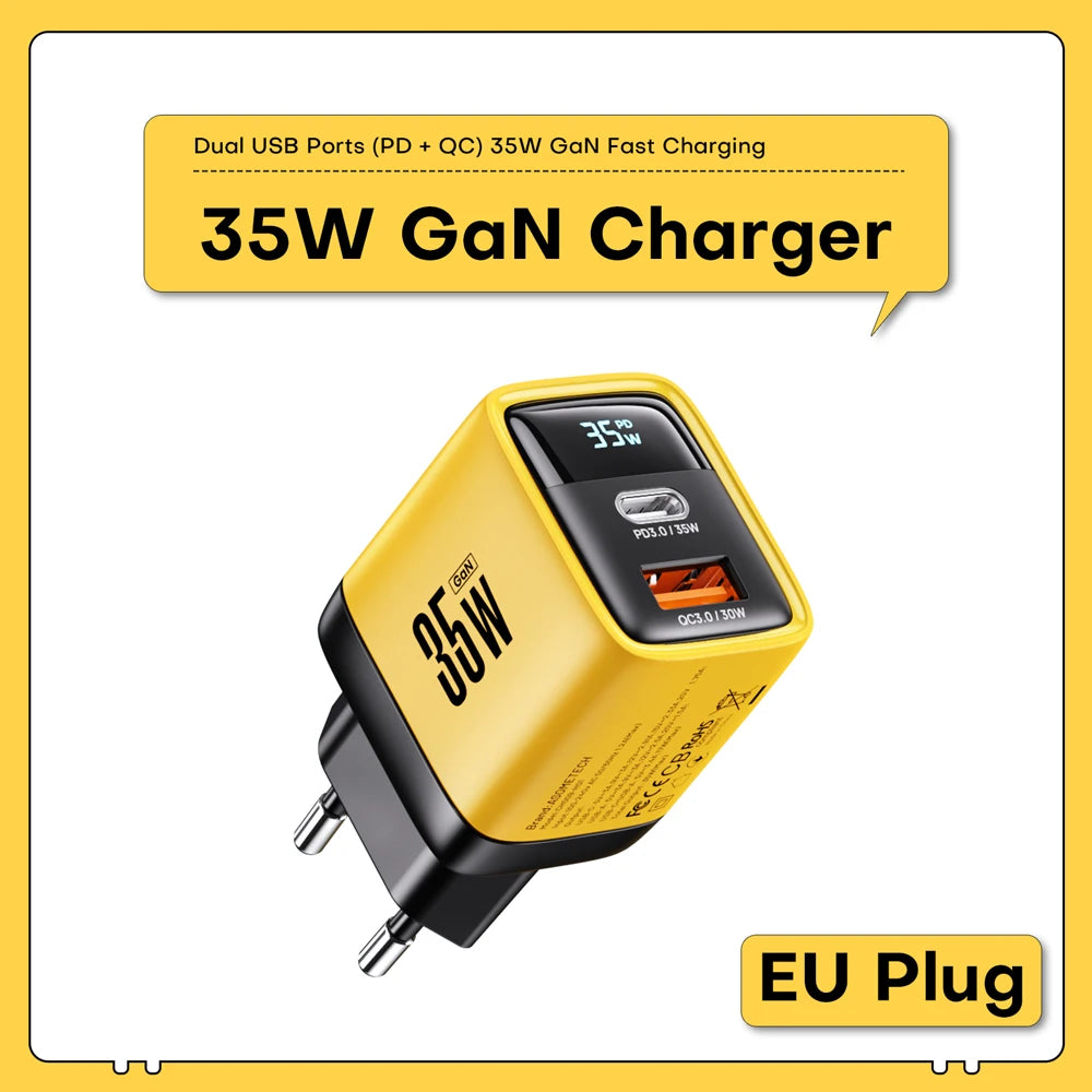 35W GaN Charger LED Display USB Charger for IPhone 14 Pro Samsung Xiaomi IPad Pro PD 3.0 QC 3.0 Quick Charger USB C Fast Charge Car Mobile World