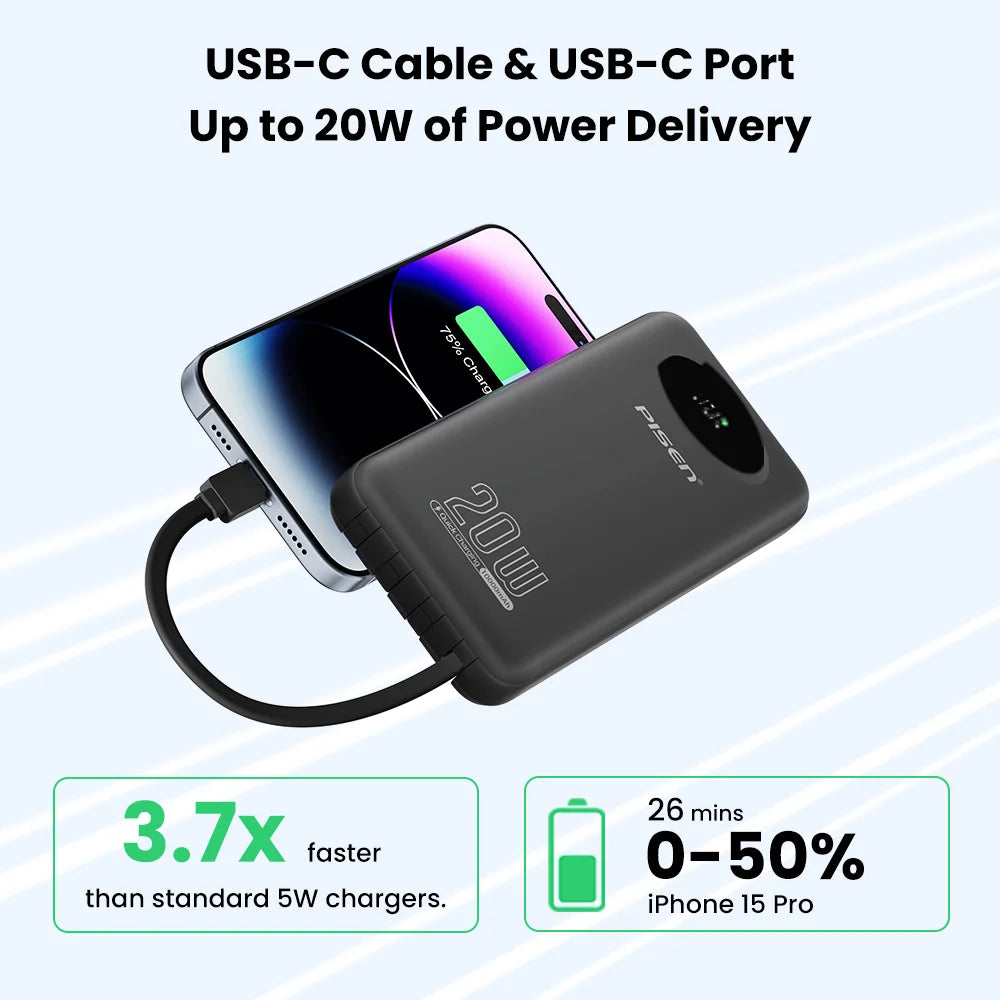 PISEN 3C Certified Power Bank 10000mAh & 20000mAh 20W Fast Charging Powerbank With 4 Built-in Cables For iPhone Samsung Xiaomi Car Mobile World