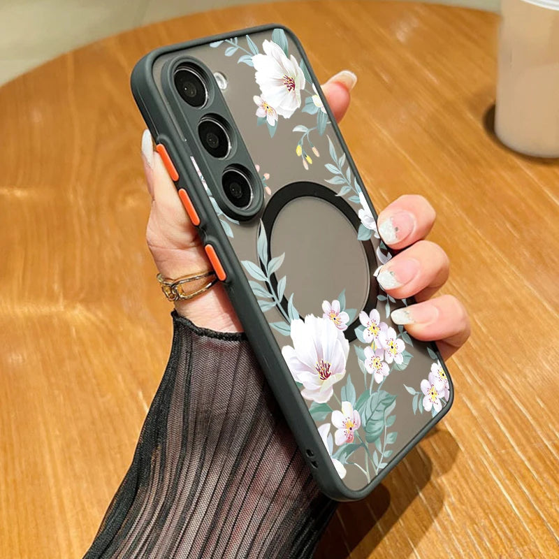 For Samsung Galaxy A57 A37 A17 A55 A54 A56 A25 S25 S26 Edge S24 S23 S22 Ultra Plus S25 FE Flower Case Magnetic For Magsafe Cover Car Mobile World