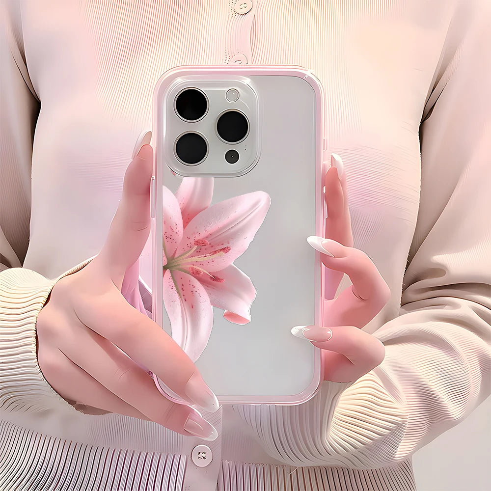 Romantic Pink Lily Clear Phone Case For iPhone 17 16 15 14 13 12 11 Pro Max 17 Air Plus 2 in 1 Candy Color Silicone Soft Cover