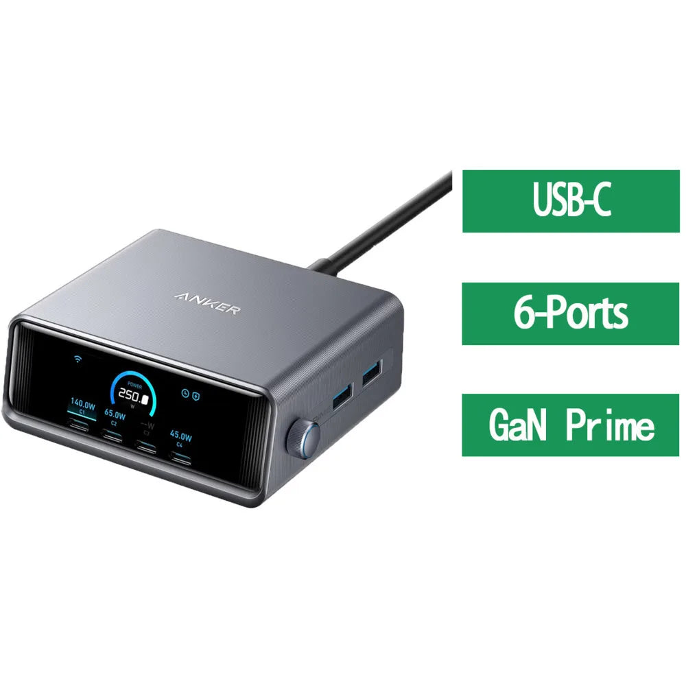 Anker Prime Charger, 250W / 200W GaN Prime USB C Charging Station, Ultra-Fast 6-Port, 2.26" LCD Display And Smart Control Dial
