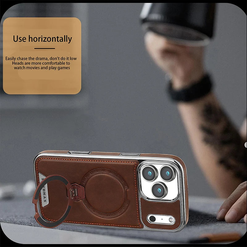 Magnetic Rotat Bracket Luxury Leather Phone Case For iPhone 11 12 13 14 15 16 17 Pro Max Plus Wireless Charging Shockproof Cover Car Mobile World