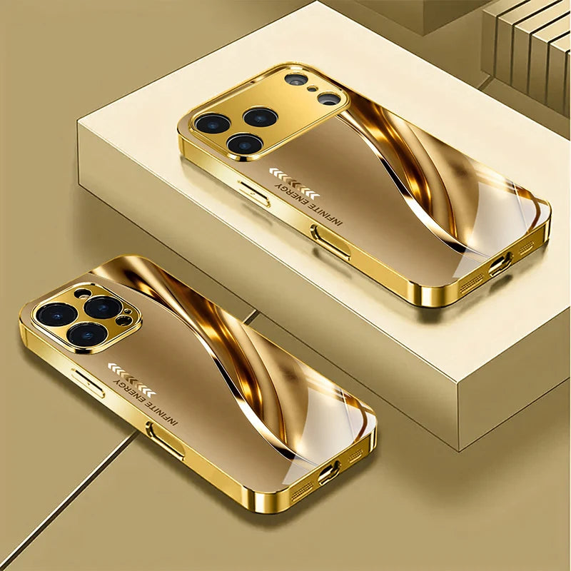 Luxury Metal Curve Pattern Gold Metallic Paint Glass Phone Case For iPhone 17 Pro Max 11 12 13 14 15 16 Plus 17Air 16E Cover