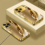 Luxury Metal Curve Pattern Gold Metallic Paint Glass Phone Case For iPhone 17 Pro Max 11 12 13 14 15 16 Plus 17Air 16E Cover
