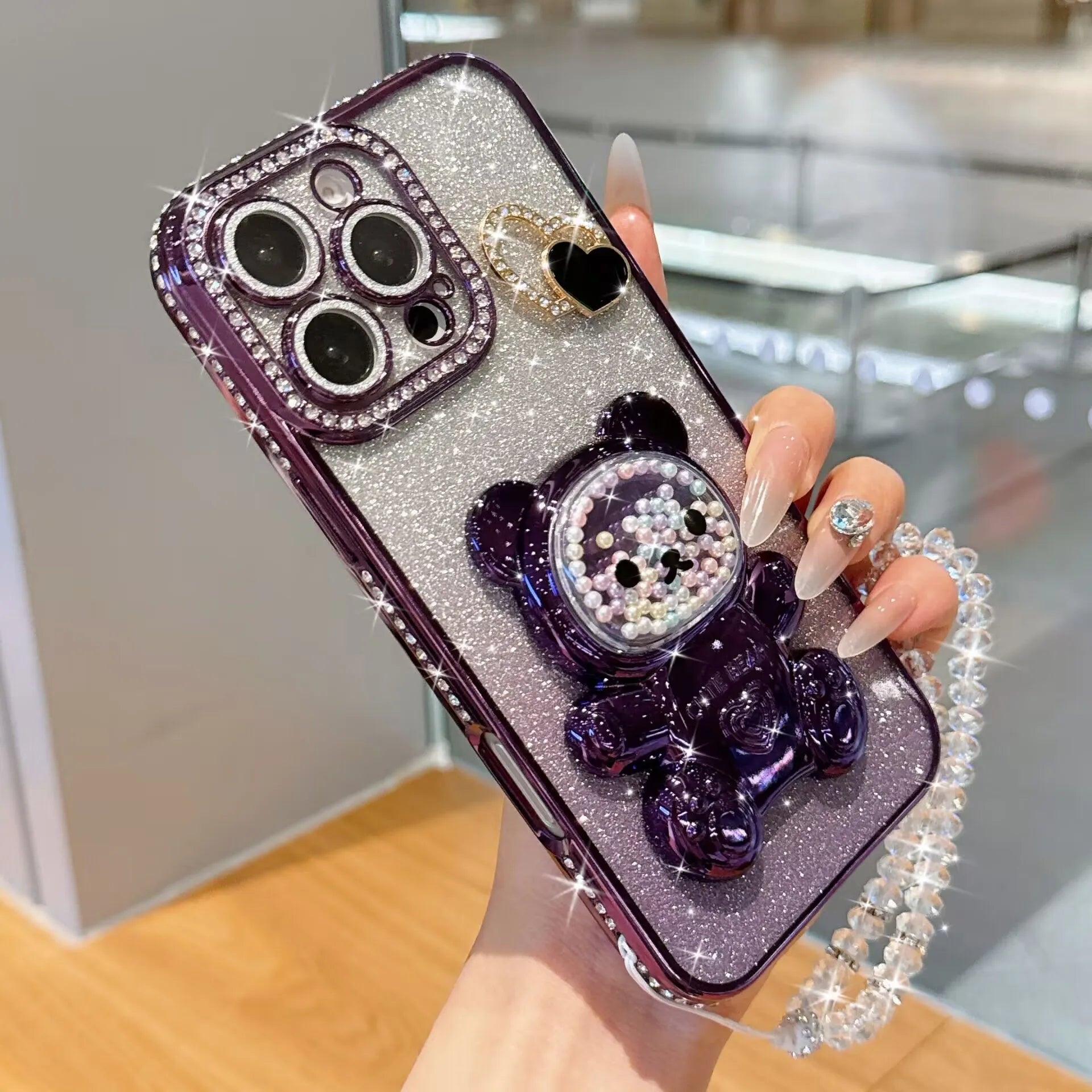 Colorful bead bear stand shiny cardstock electroplated soft case suitable for iPhone17 16 14 15 13 12 11 phone cases bead chain