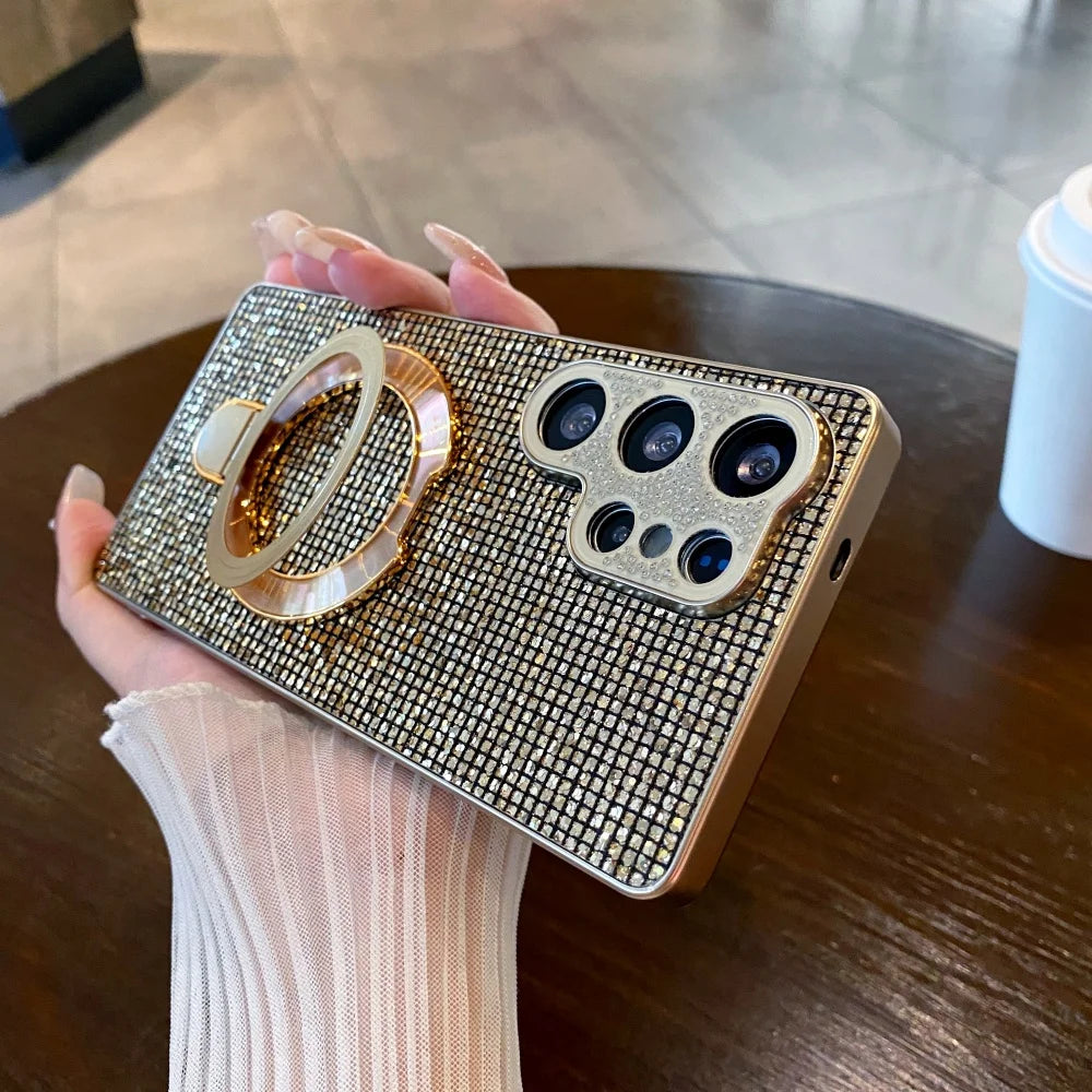 Luxury Bling Diamonds Lens with Bracket Case for Samsung Galaxy S26 S25 S24 S23 Ultra Plus FE A57 A07 A56 Full Protection Cover