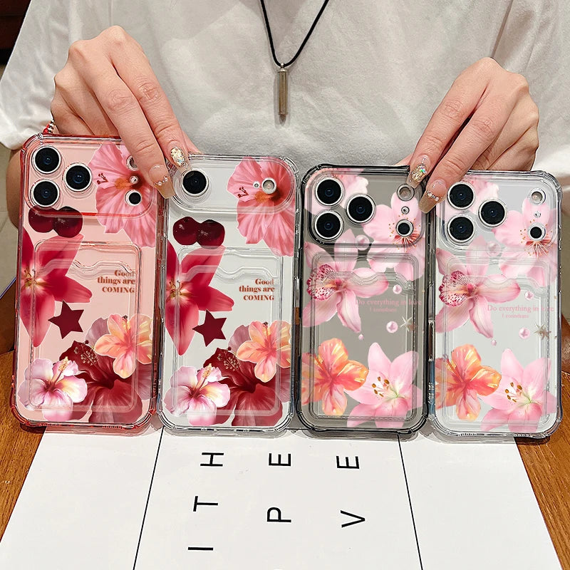 Card Slot Bag Clear Phone Case For iPhone 17e 18 17 Pro Max 16 15 14 13 Pro Max 16e 12 Lily Flowers Pattern Soft Silicone Cover