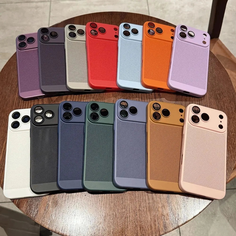 New Honeycomb Heat Dissipation Phone Case For iPhone 16 15 14 13 17 Pro Max Plus Cooling Breathable Solid Color Shockproof Cover Car Mobile World