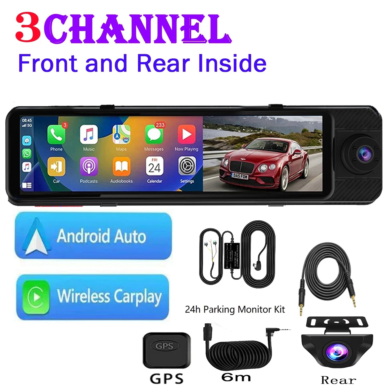 3 Camera Dash Cam 4K Car DVR Front Inside Rear 1080P GPS Tracking Night Vision Video Registrator Dashcam Parking Monitor Car Mobile World