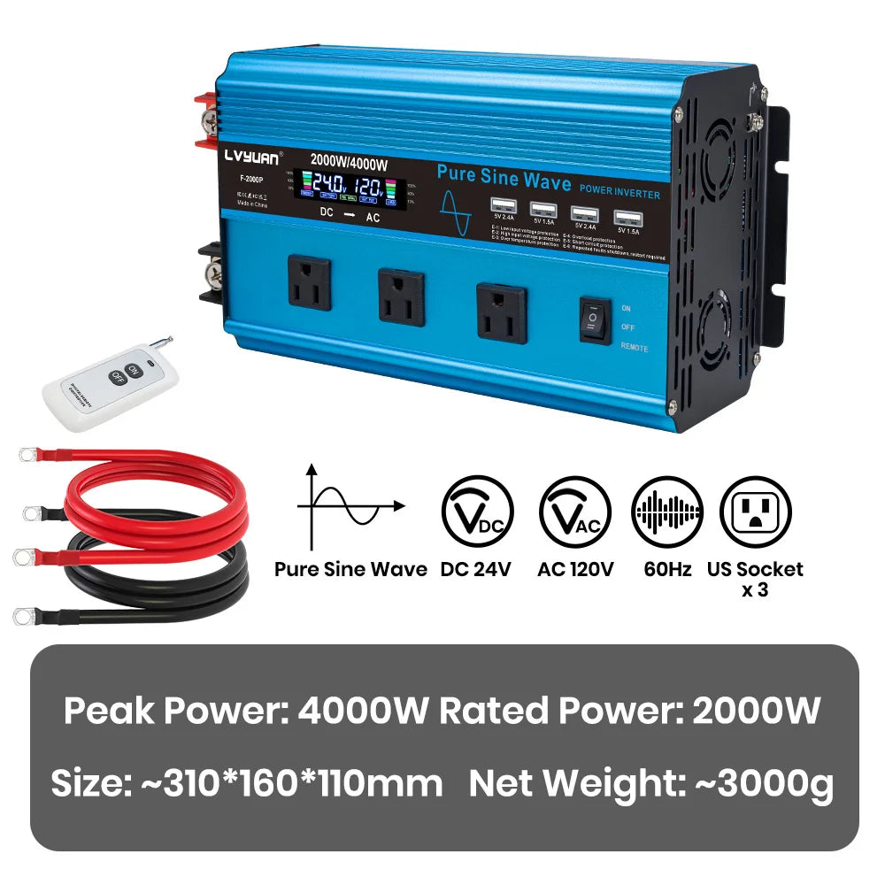 4000W Pure Sine Wave Inverter DC 12v/24v To AC 110v 60HZ Voltage Converter Car Solar Power Inverter CM World