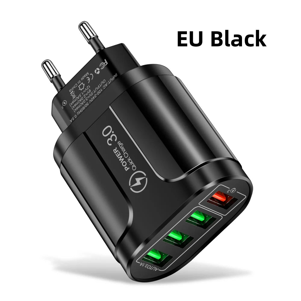 45W USB Charger Fast Charge QC 3.0 Wall Charging For iPhone 12 11 Samsung Xiaomi Mobile 4 3 Ports EU US Plug Adapter Travel Car Mobile World