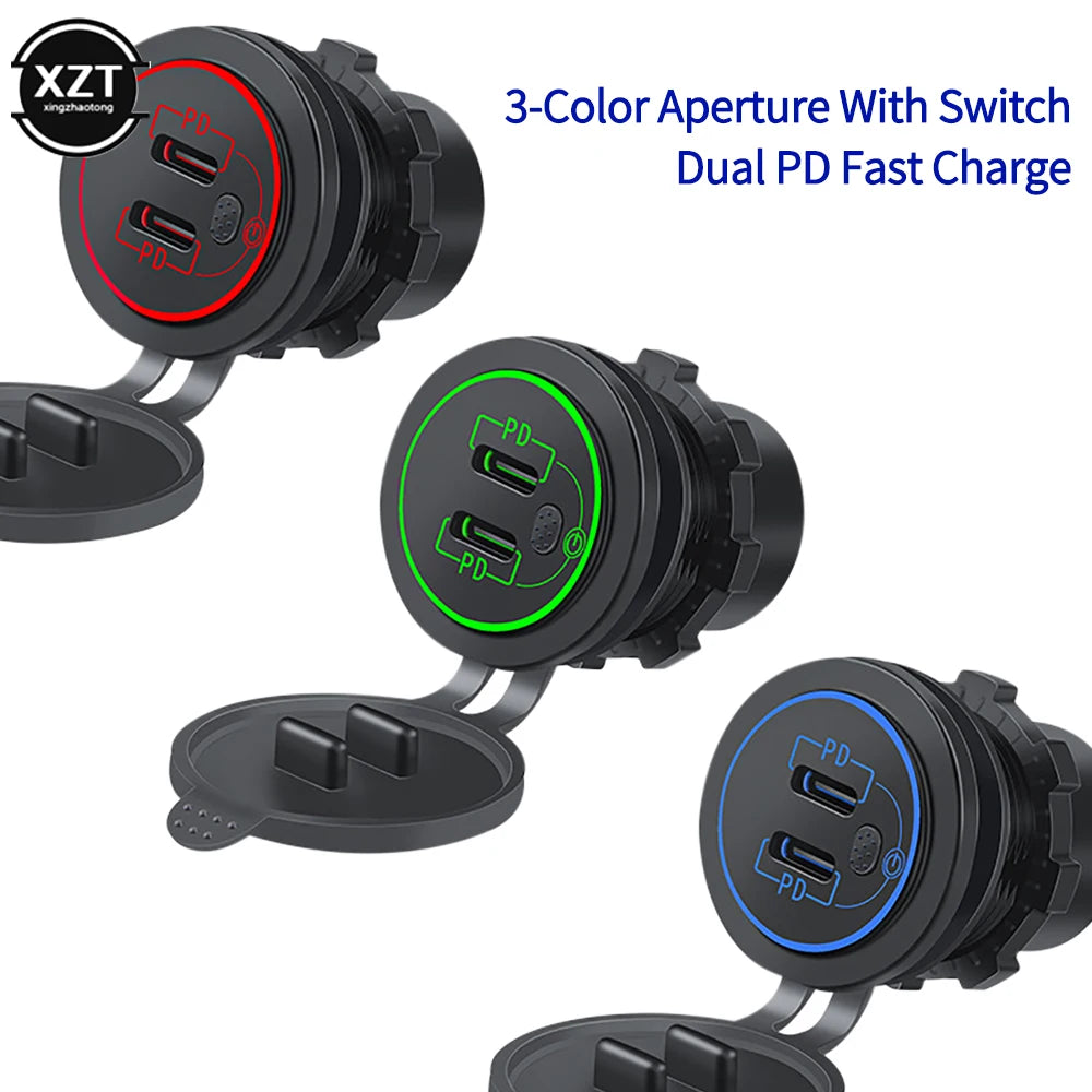 12-24V Quick Charge Dual PD Type C USB Charger Socket Car USB C Power Waterproof Charge Socket for Car Boat Motorcycle