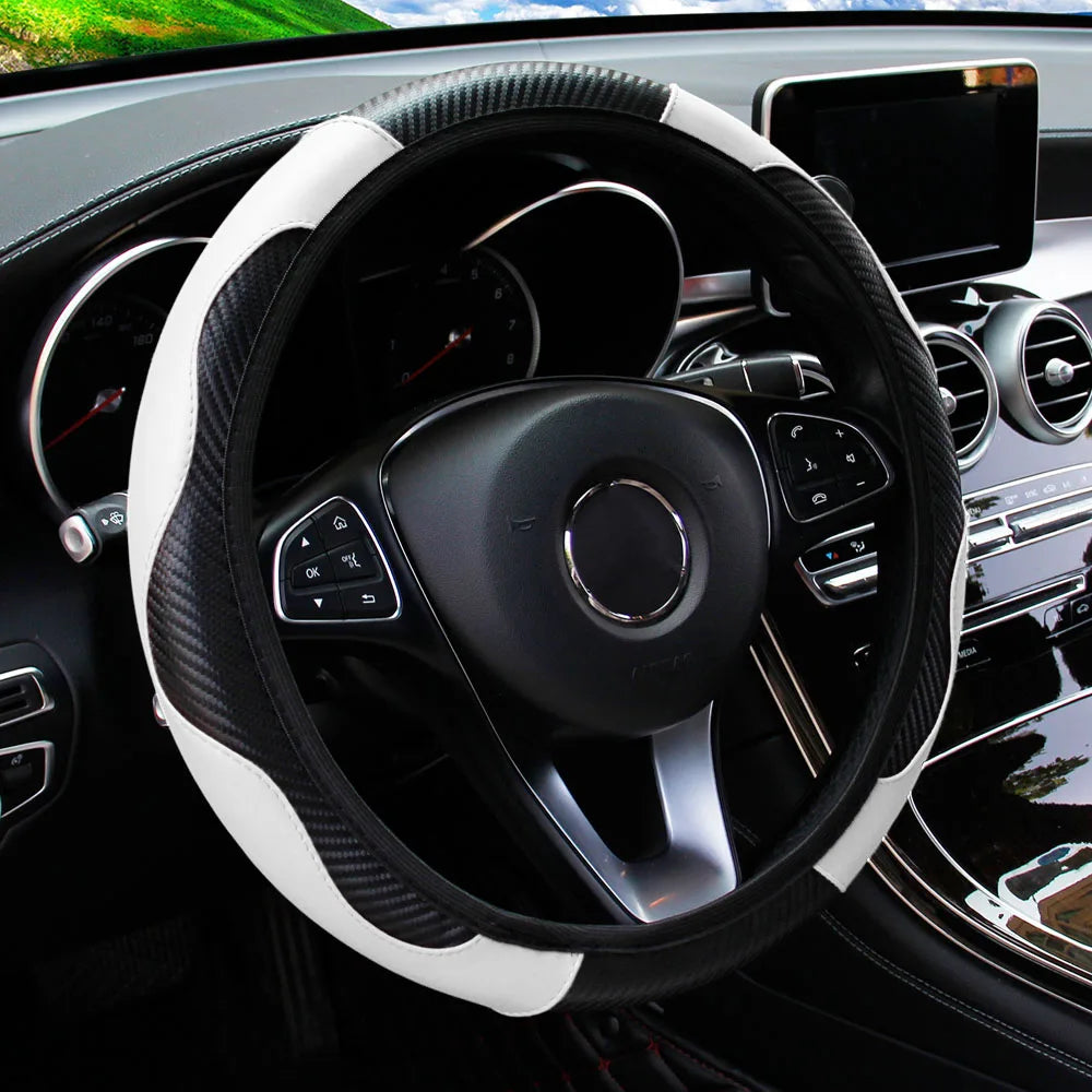 PU Carbon Fiber Leather Car Steering Wheel Cover without Inner Ring Suitable for 14.5-15 Inches of Automotive Supplies CM World