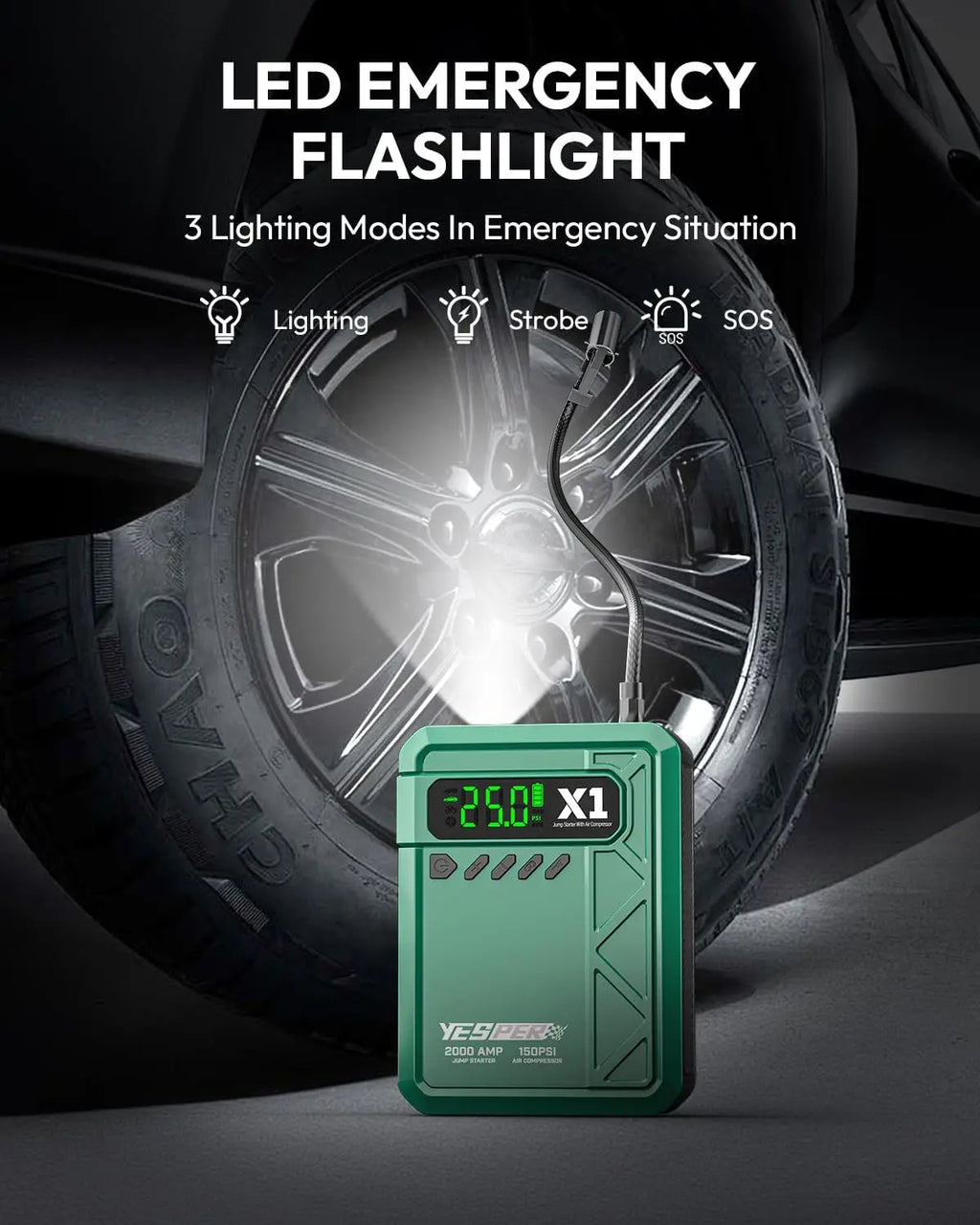 YESPER 2000A Jump Starter & 150PSI Air Compressor 2-in-1, 12V Portable Emergency Booster for 8L Gas 6L Diesel Car SUV Truck