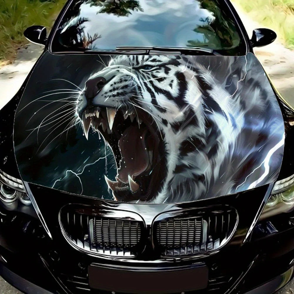 Bengal White Tiger Roaring Lightning Car Hood Wrap Color Vinyl Sticker Truck Graphic Bonnet Auto Accessories Decor Decal Gift