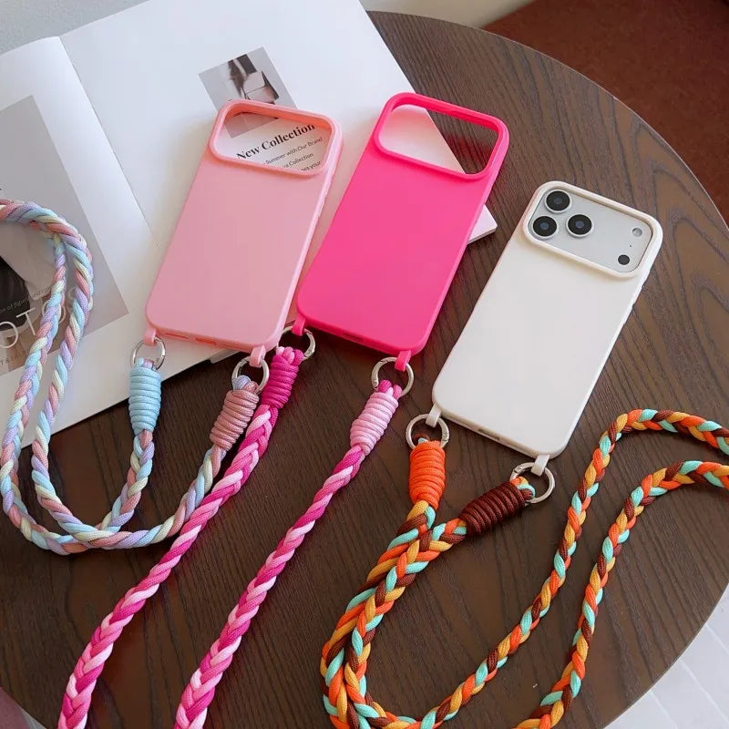 Fashion Lanyard Case For iPhone 17 Pro Max 14 12 11 13 15 16 Plus 17 Air Shockproof Candy Crossbody Neck Cord Braid Strap Cover