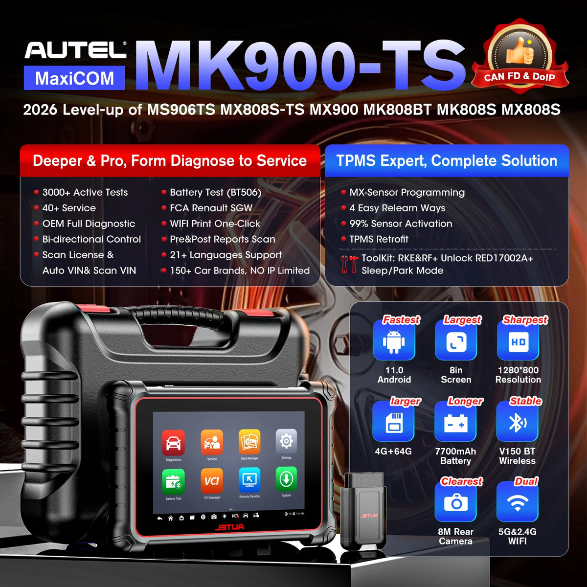 Autel MaxiCOM MK900-TS OBD2 Scanner TPMS Programming Tools TPMS System Health Check All System Automotive Diagnostic Tools CANFD/DOIP PK MK808S TS
