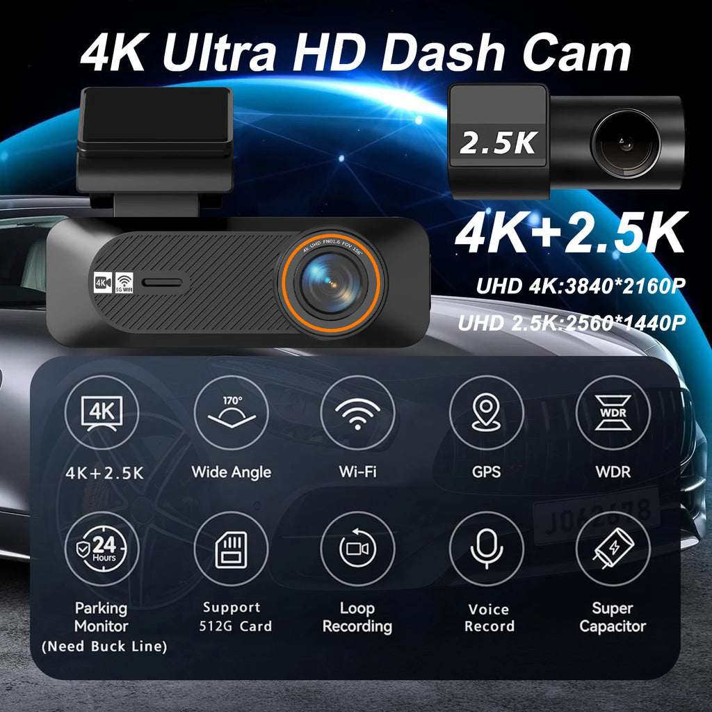 4K 2160P+2.5K 1440P ADAS Dual Lens Car Dash Cam WiFi Connect Front And Rear View Black Box 24H Parking Assistance for Vehicle