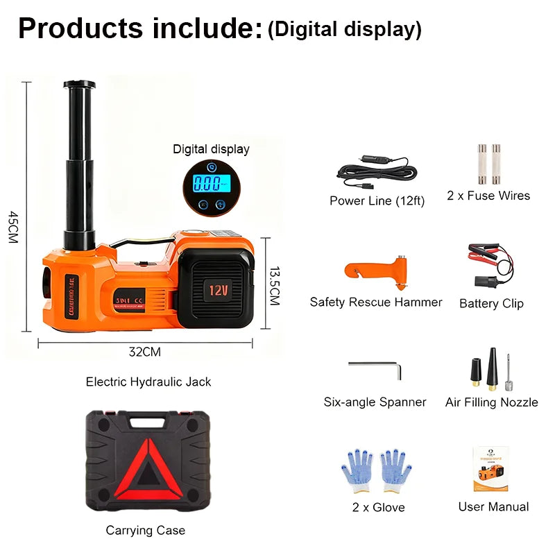 Electric Car Jack 5T Hydraulic Car Jack with Built-in Inflatable Pump and LED Light Car Jack for SUV Truck Change Tire 150~450mm CM World