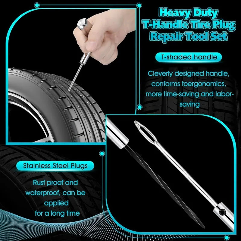 Heavy Duty Plug Kit Stainless Steel T Handle Set Bicycles Repair Puncture Tool Spiral Probe Split Eye Needle Tire Repair Set CM World