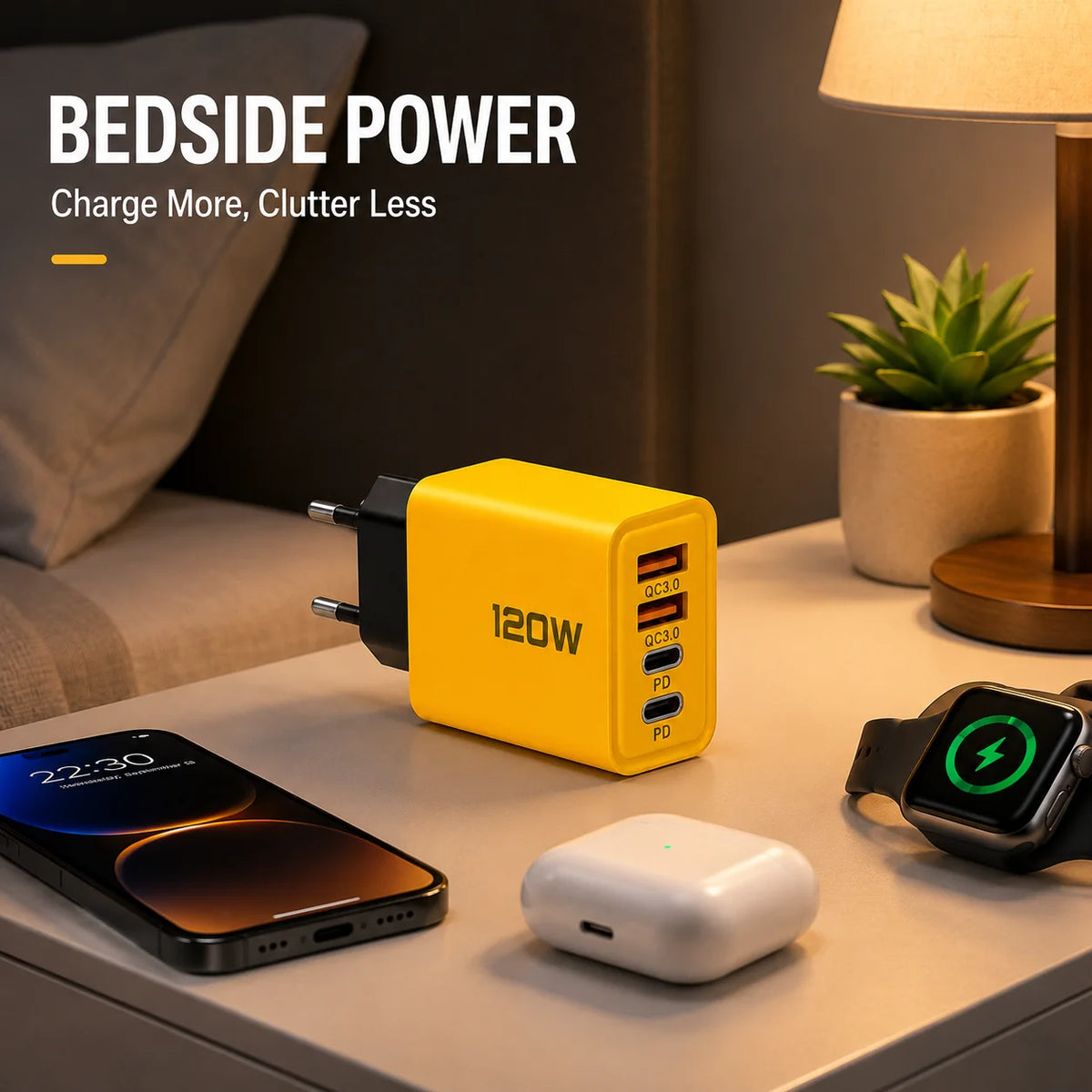 120W 4 Port USB C Fast Charger PD Quick Charge USB 3.0 Wall Adapter EU Plug Power Adapter for iPhone Xiaomi Huawei Phone