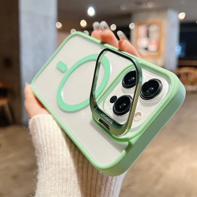 For Magsafe Stand Glass Lens Protector Case For iPhone17 16 15 14 13 11 12 Pro Max 16 Plus Luxury Magnetic Shockproof Back Cover Car Mobile World