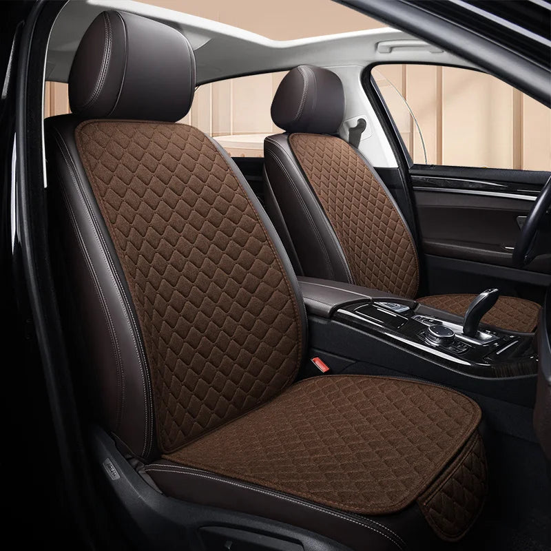 Universal Car Seat Cushion with Backrest Beige Linen Diamond Quilted Four Seasons Breathable Non-slip Auto Seat Cover Protector