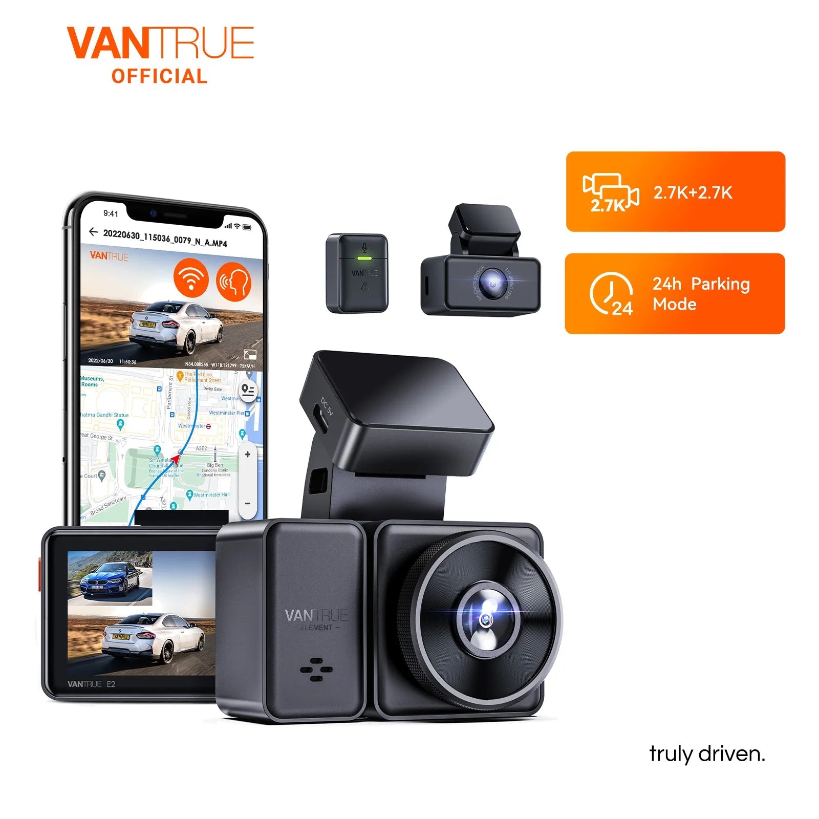 Vantrue E2 Dashcam Front and Rear 2.7K + 2.7K Dual Dash Camera Voice Control WiFi GPS Night Vision 2.0 24H Parking Mode Car Mobile World