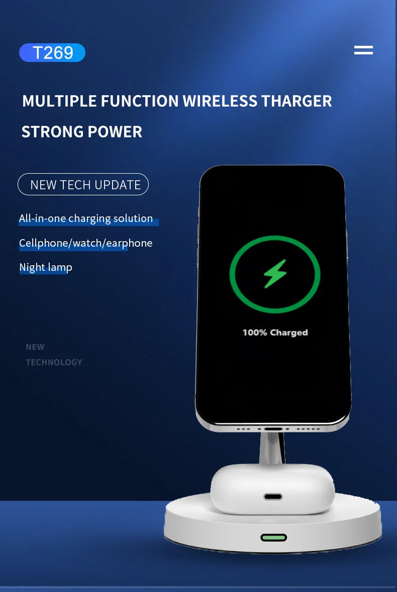 3-in-1 Magnetic Fast Wireless Charger for IPhone17-12 AirPods 2/3/Pro Metal Bracket with Night Light Fast Charging Dock Station