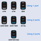 GaN 67W Quick charger type c pd 65w Super fast charger USB C and USB A 3 Ports with QC 4.0 3.0 for Samsung iPhone 15 Pro Laptop Car Mobile World