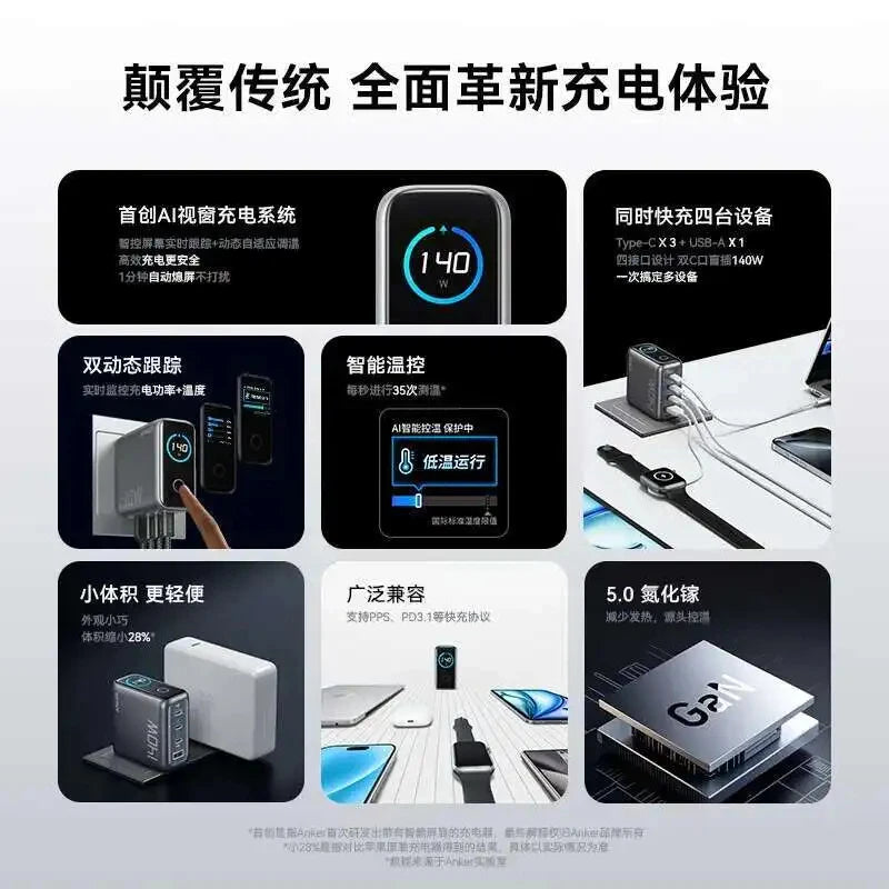 NEW Anker Zolo GaN Wall Charger 140W PD Fast 4 Ports 3C1A Foldable Plug Travel Adapter with 1.5m Cable for Laptop Tablet