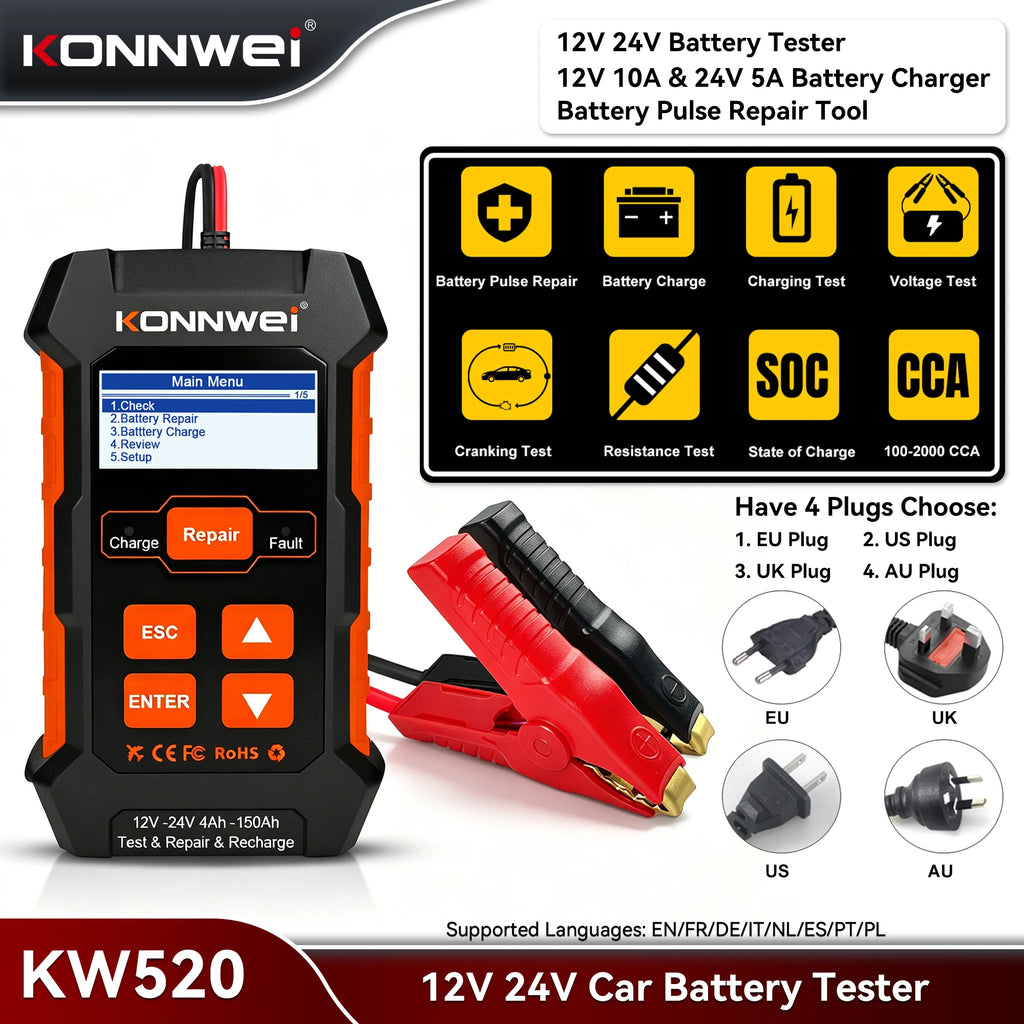 KONNWEI KW520 Car Battery Tester 12V 24V Battery Charger Lead Acid Car Battery Pulse Repair Tool AGM Gel Lithium Scanning Tool