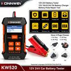 KONNWEI KW520 Car Battery Tester 12V 24V Battery Charger Lead Acid Car Battery Pulse Repair Tool AGM Gel Lithium Scanning Tool